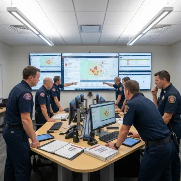 Fire incident command center with incident management software displays