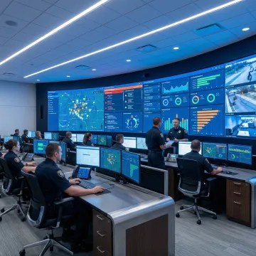 Emergency operations center with digital alert systems and incident management displays