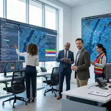 Incident command team reviewing digital status boards in emergency operations center