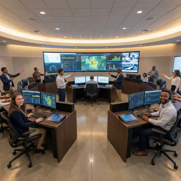 Emergency operations center team using incident management software during crisis response