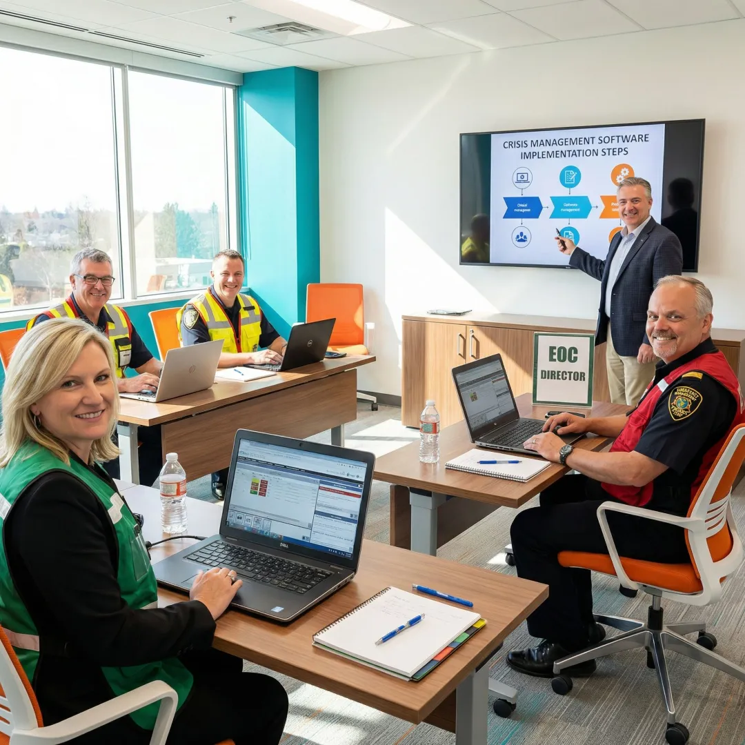 Emergency management professionals implementing crisis software during training session