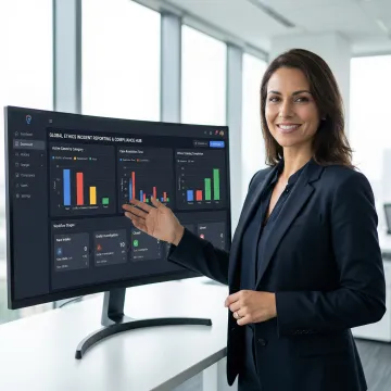 Compliance officer using incident management software dashboard to review ethics hotline reports