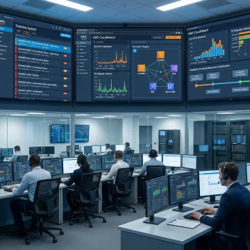 Emergency operations center with AWS cloud dashboards and incident management interfaces