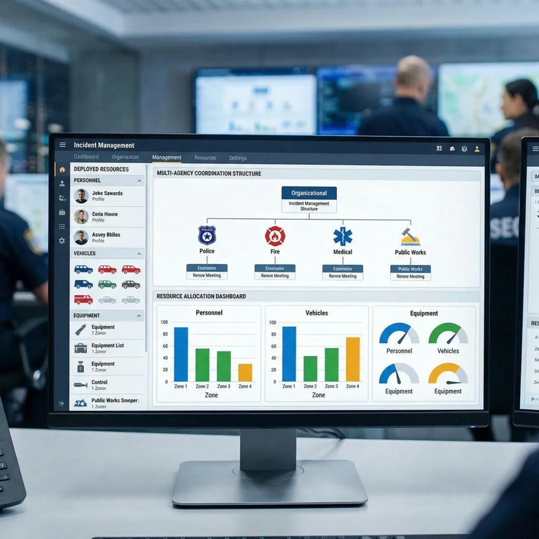 Emergency management software interface showing incident command structure and resource tracking