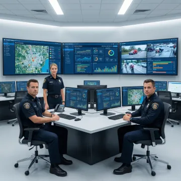 Emergency operations center with incident management system displaying real-time coordination