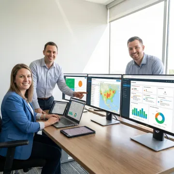 Emergency operations center with digital incident management displays showing workplace safety coordination