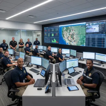 Emergency operations center with incident management system displays coordinating multi-agency response