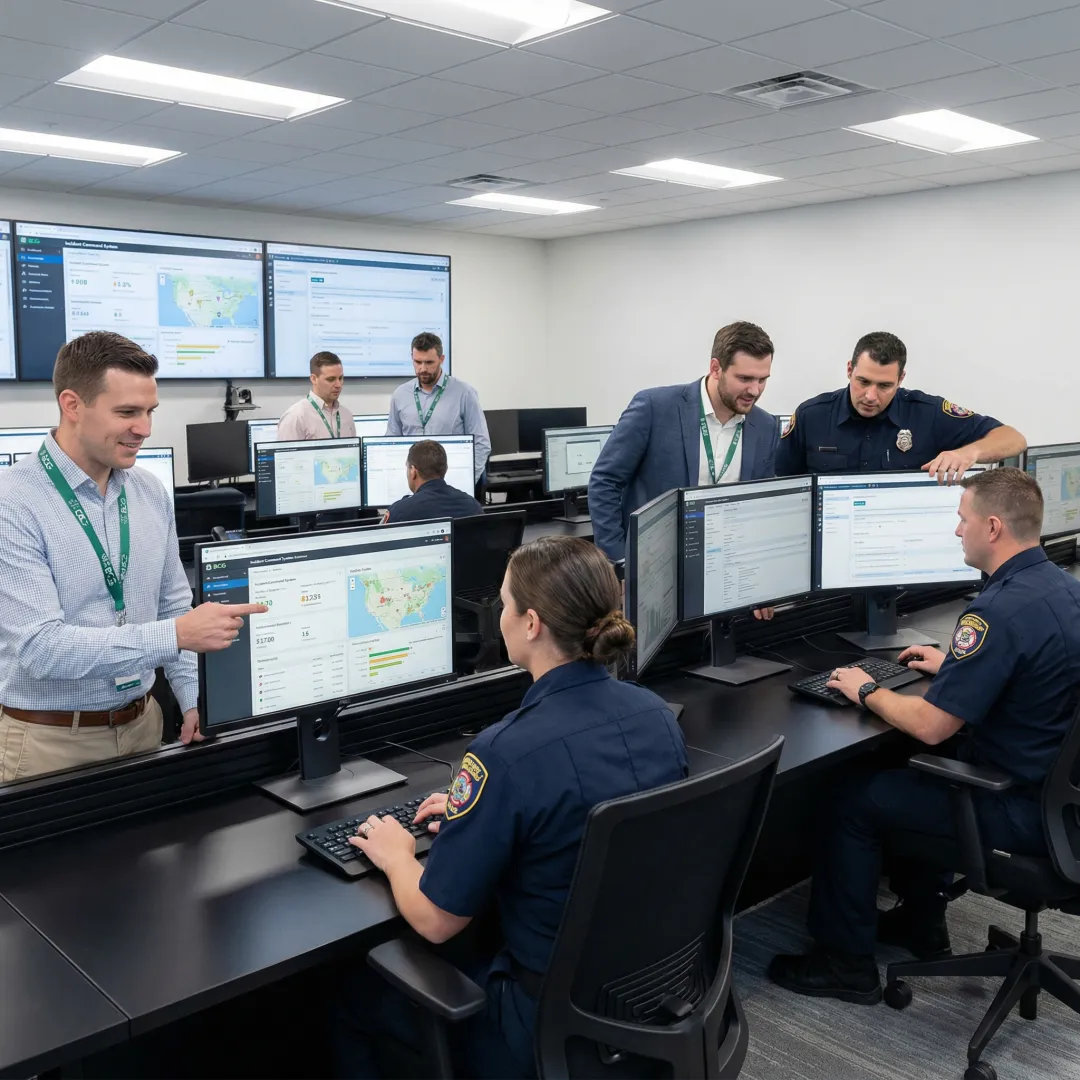 Technical team implementing incident command system software at emergency operations center