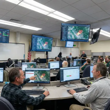 Emergency operations center with incident command system software displayed on multiple monitors