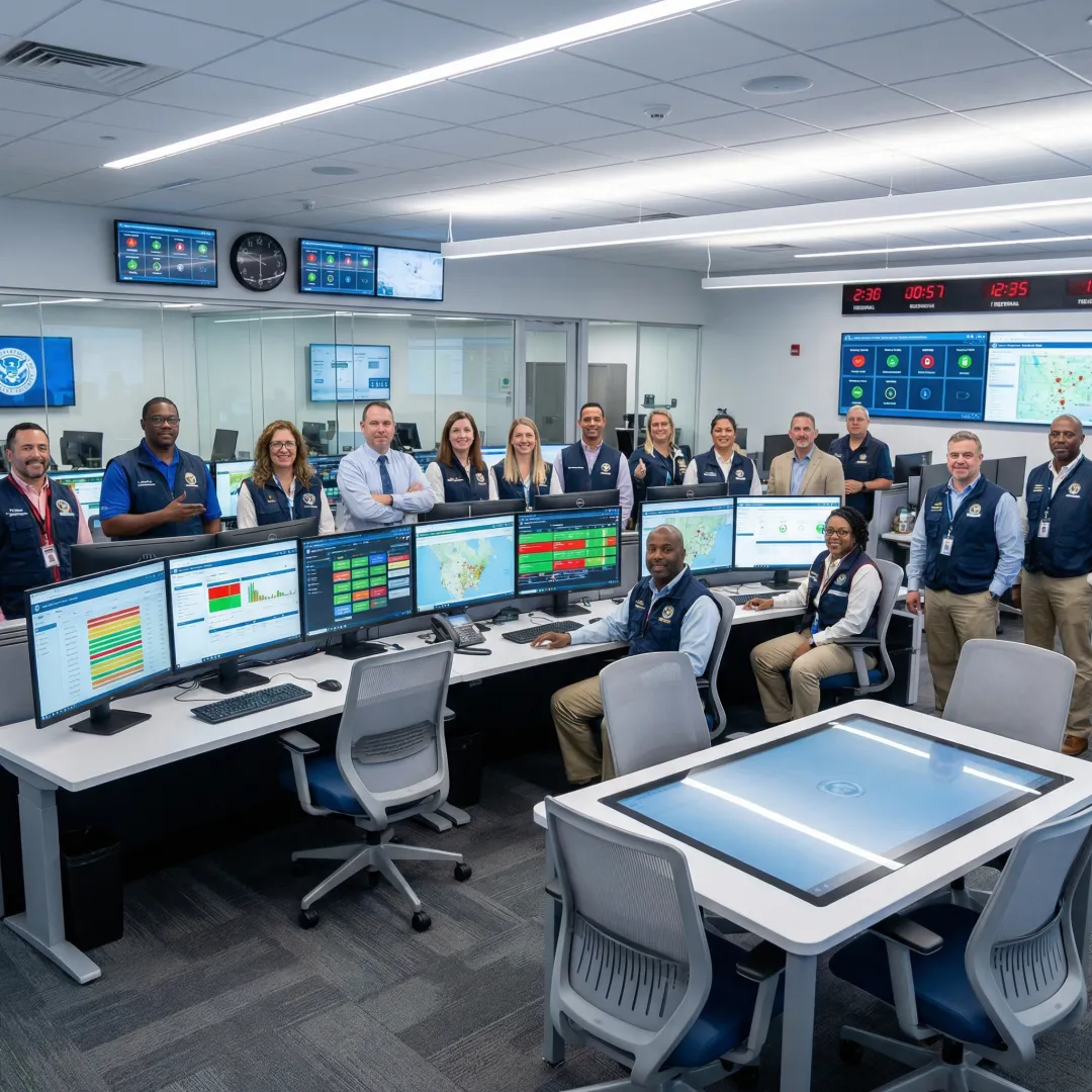 Federal emergency management personnel coordinating response using incident management software