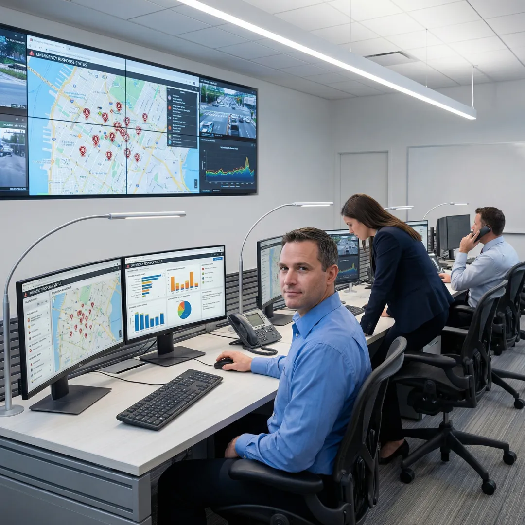Emergency operations center with multiple workstations displaying incident management software