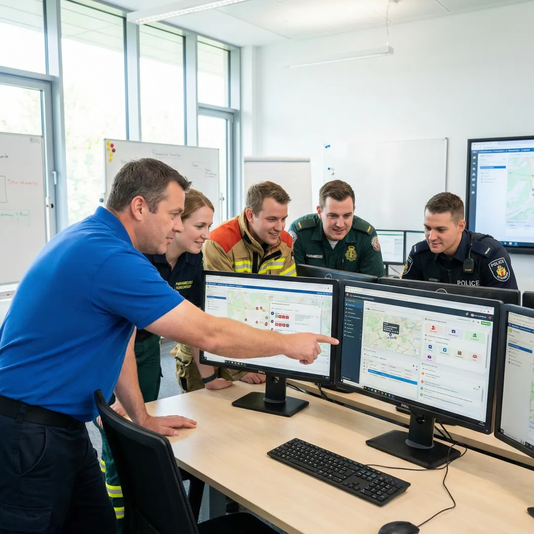Emergency management team reviewing incident management software during training session