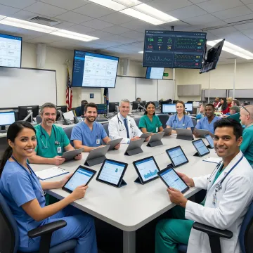 Healthcare professionals using clinical incident management software on tablets in hospital setting