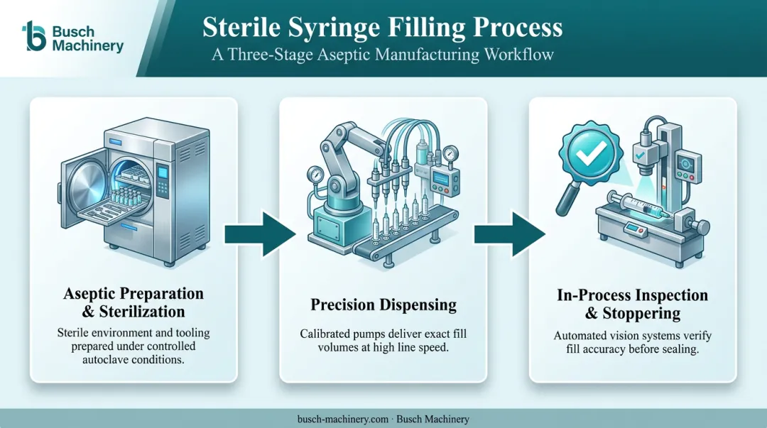 3-step sterile syringe filling process from preparation to stoppering