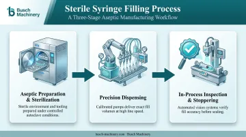 3-step sterile syringe filling process from preparation to stoppering