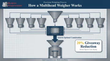 Multihead weigher process diagram showing hopper weighing and combination calculation