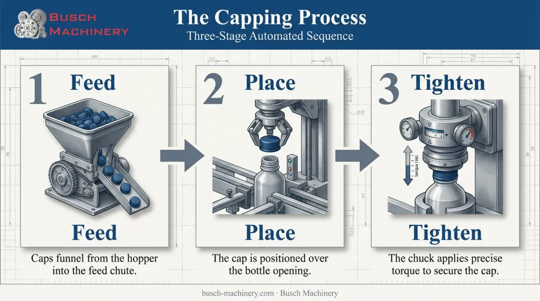 3-step capping machine process flow from feed to tighten