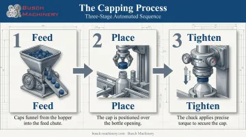3-step capping machine process flow from feed to tighten