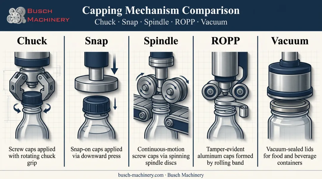 Five capping machine mechanism types compared chuck snap spindle ROPP vacuum