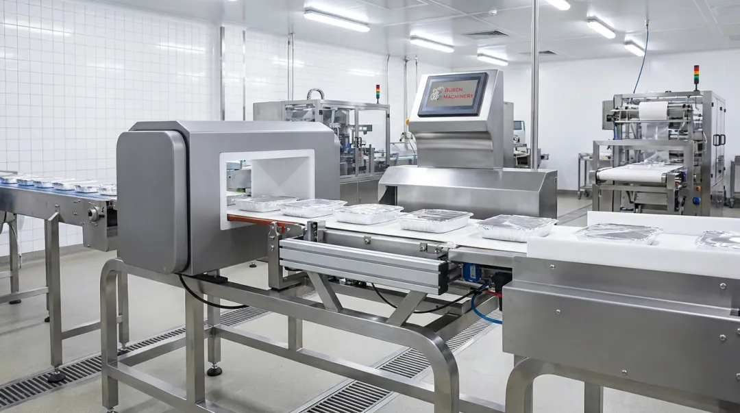 Metal detector and check weigher combination unit for foil-wrapped food packaging
