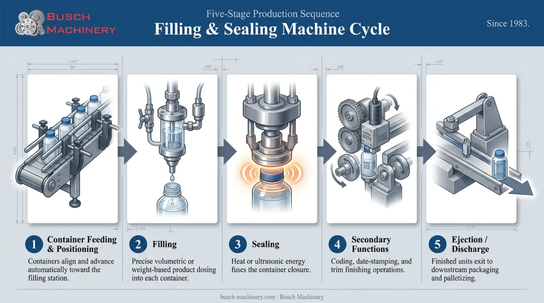5-step filling and sealing machine cycle from feeding to discharge