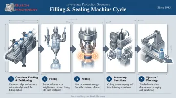 5-step filling and sealing machine cycle from feeding to discharge