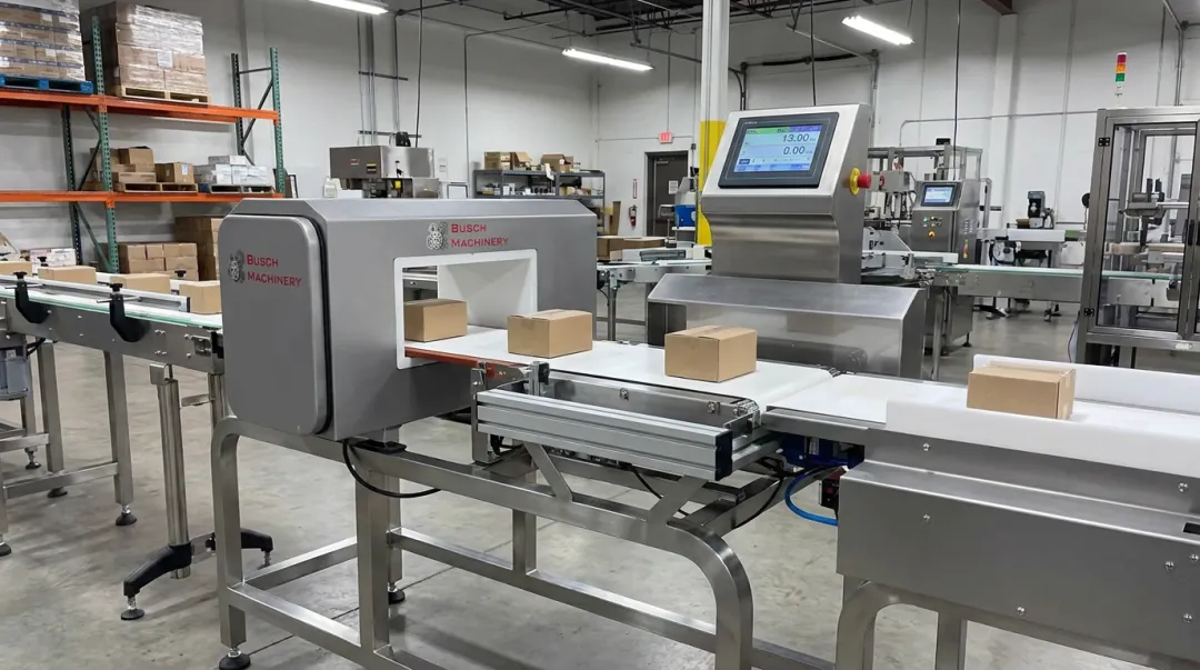 Combination checkweigher and metal detector unit inspecting packaged products on conveyor