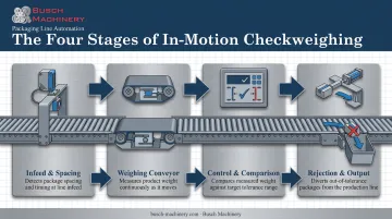 Four-stage in-motion checkweigher process flow from infeed to rejection