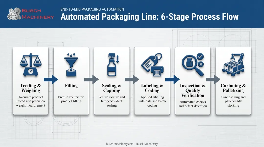 Six-stage automated food and beverage packaging line process flow