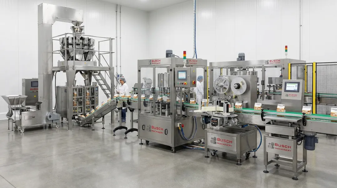 Busch Machinery packaging production line with filling capping and weighing equipment