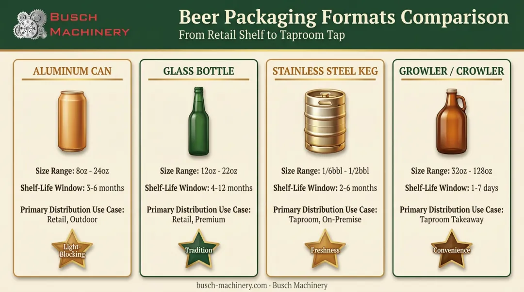 Comparison of cans bottles kegs and growlers packaging formats