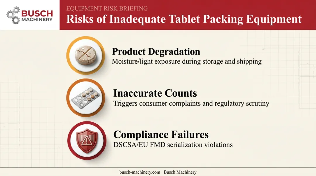 Three risks of improper tablet packaging equipment infographic showing degradation counts compliance