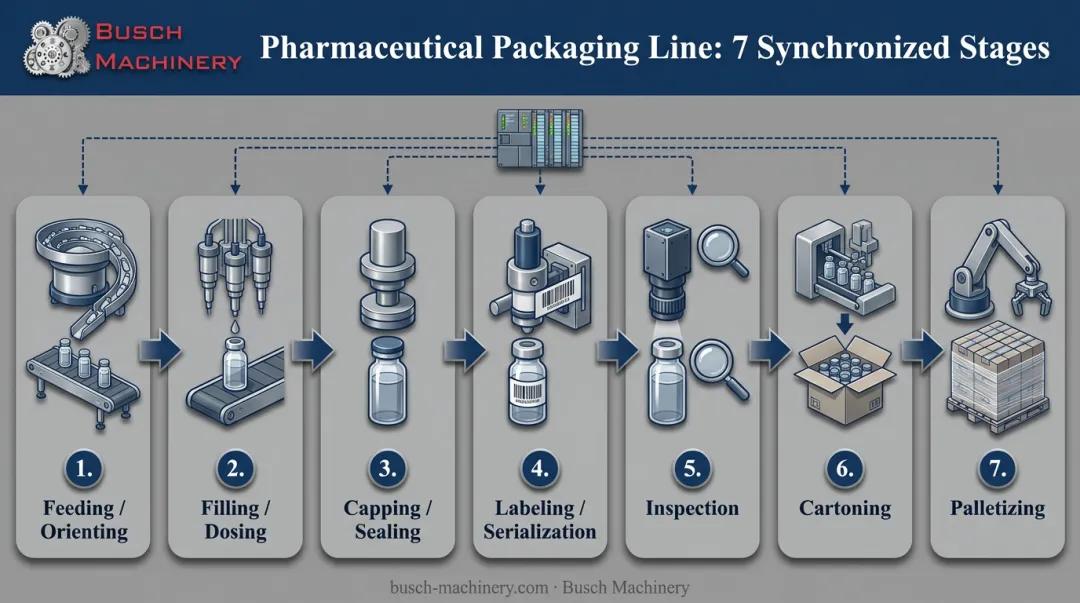 7-stage pharmaceutical packaging line process flow from feeding to palletizing