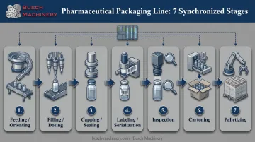 7-stage pharmaceutical packaging line process flow from feeding to palletizing
