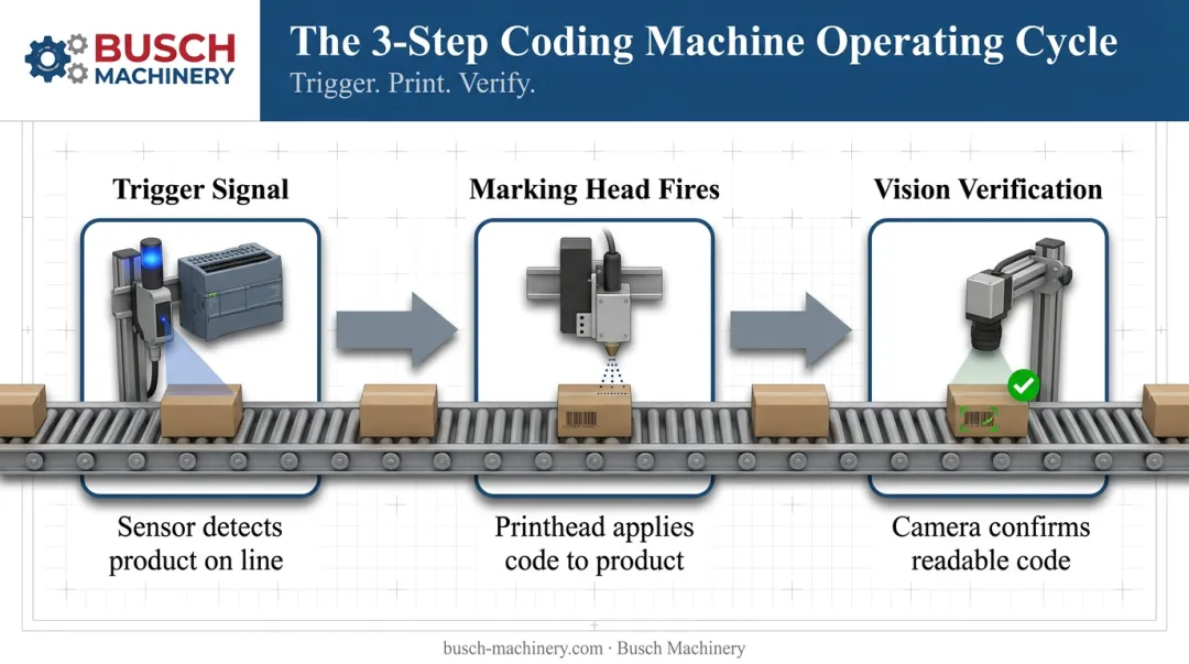 3-step coding machine operating cycle from trigger to verification