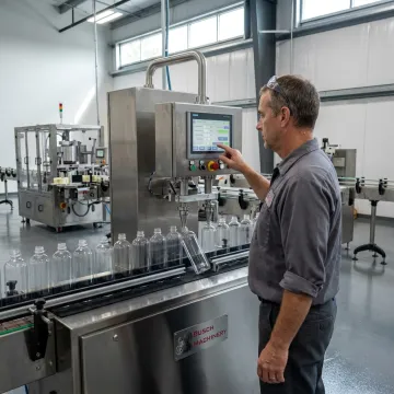 Packaging engineer reviewing powder filling line
