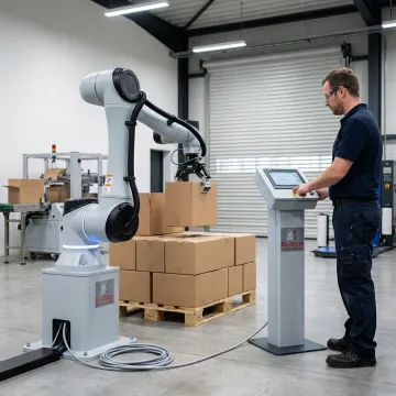 Technician programming a cobot palletizer beside conveyor