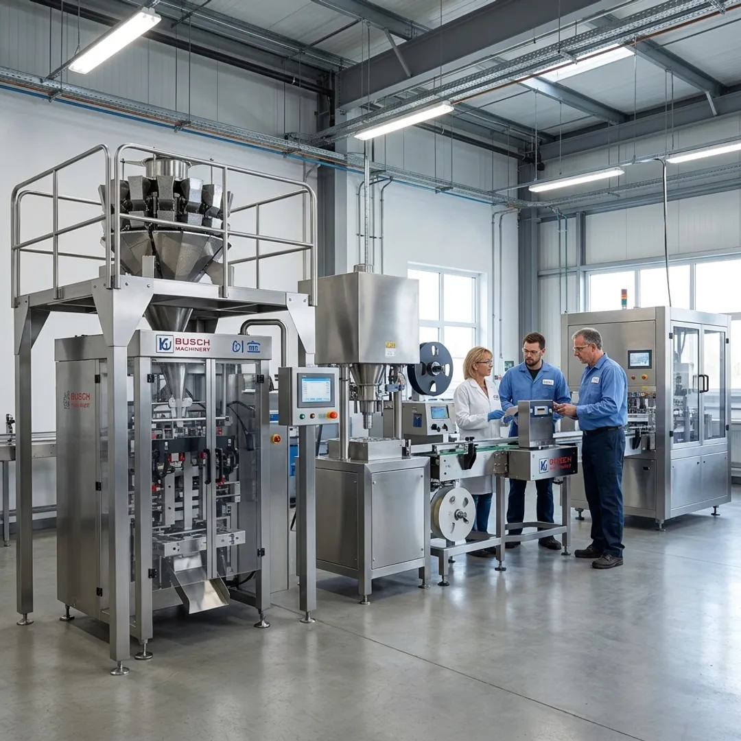 Engineers reviewing automated packaging line equipment