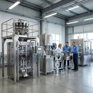 Engineers reviewing automated packaging line equipment