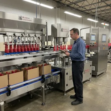 Engineer reviewing cosmetic packaging line equipment