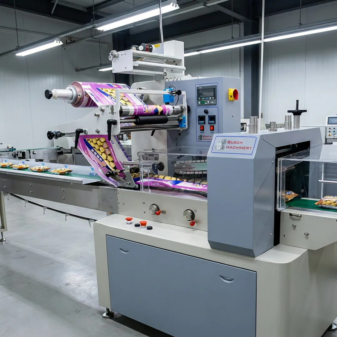 Horizontal flow wrapper on a production line
