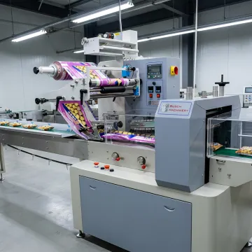 Horizontal flow wrapper on a production line