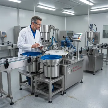 Engineer reviewing vial filling and capping line layout