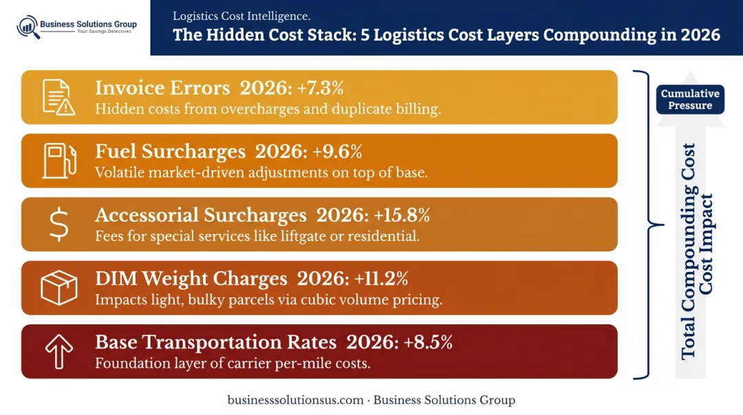 Compounding logistics cost stack layers from base rates to invoice errors