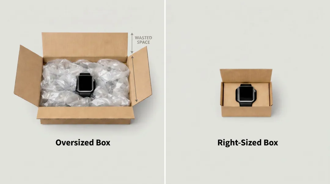 Right-sized product packaging comparison showing oversized versus optimized shipping box dimensions