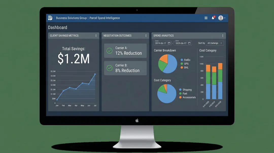 Parcel spend intelligence dashboard displaying carrier cost savings and negotiation outcomes