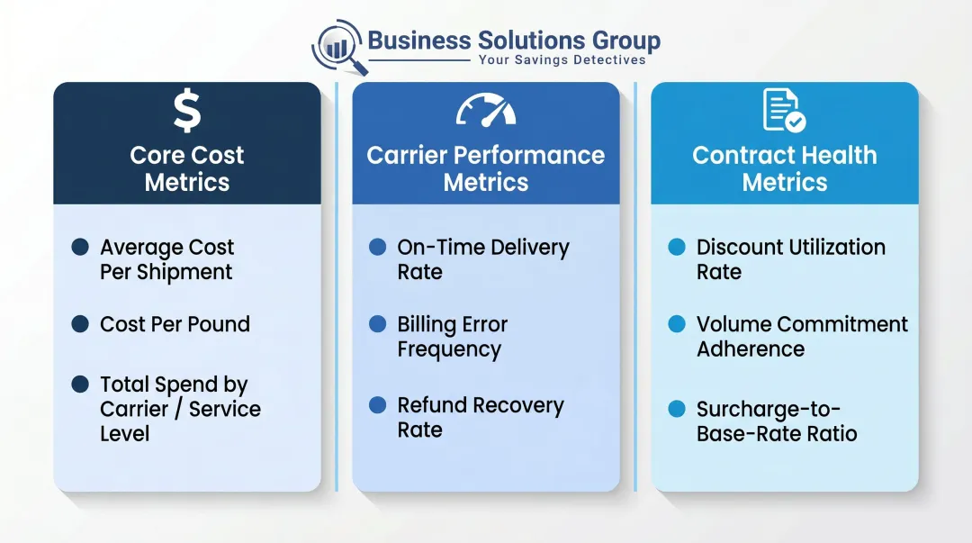 Three KPI groups for parcel shipping cost efficiency and carrier performance tracking