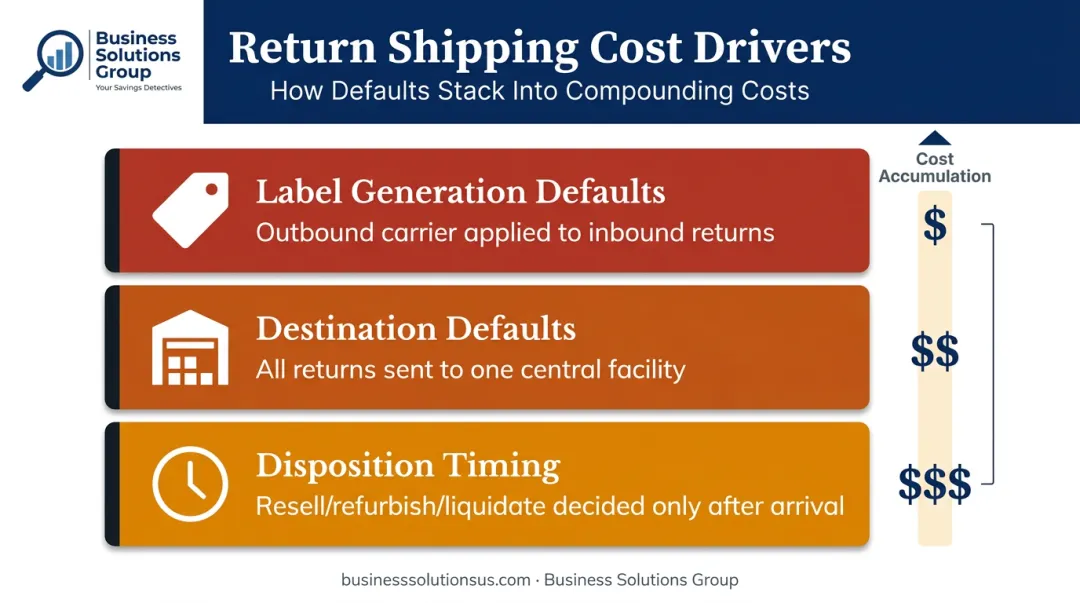 Three compounding return shipping cost drivers label destination and disposition defaults
