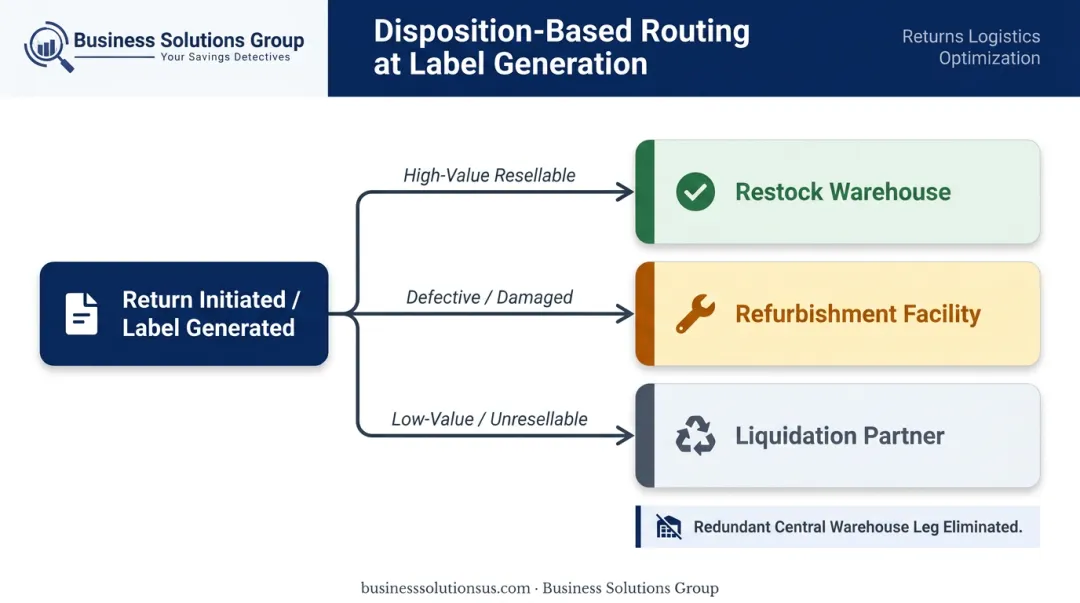 Disposition-based return routing three-path flowchart from label generation to destination