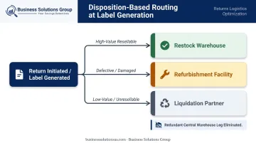 Disposition-based return routing three-path flowchart from label generation to destination